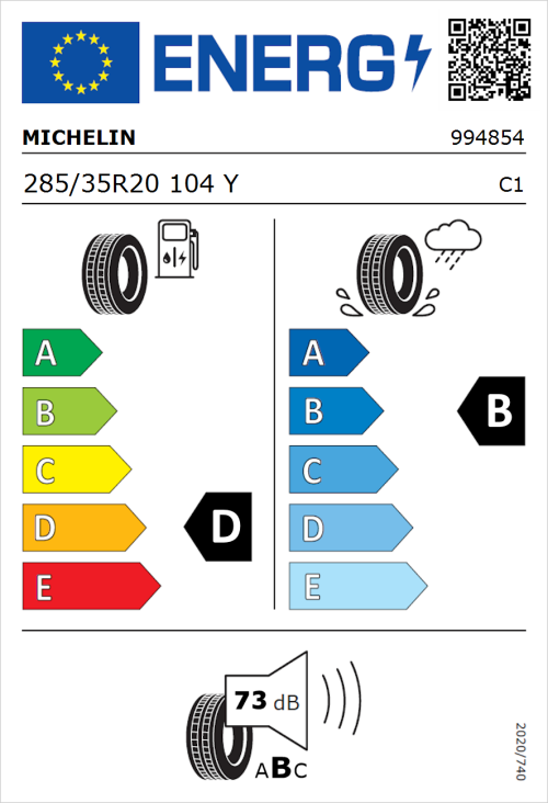 Tyre Label for Michelin Pilot Sport 4 S 285/35R20 104Y